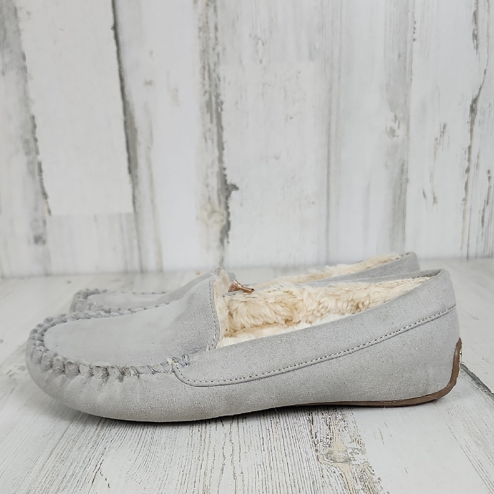 Floopi Cozy Gray Faux Suede Loafer Slippers Moccasin Faux Fur Lining Size 6